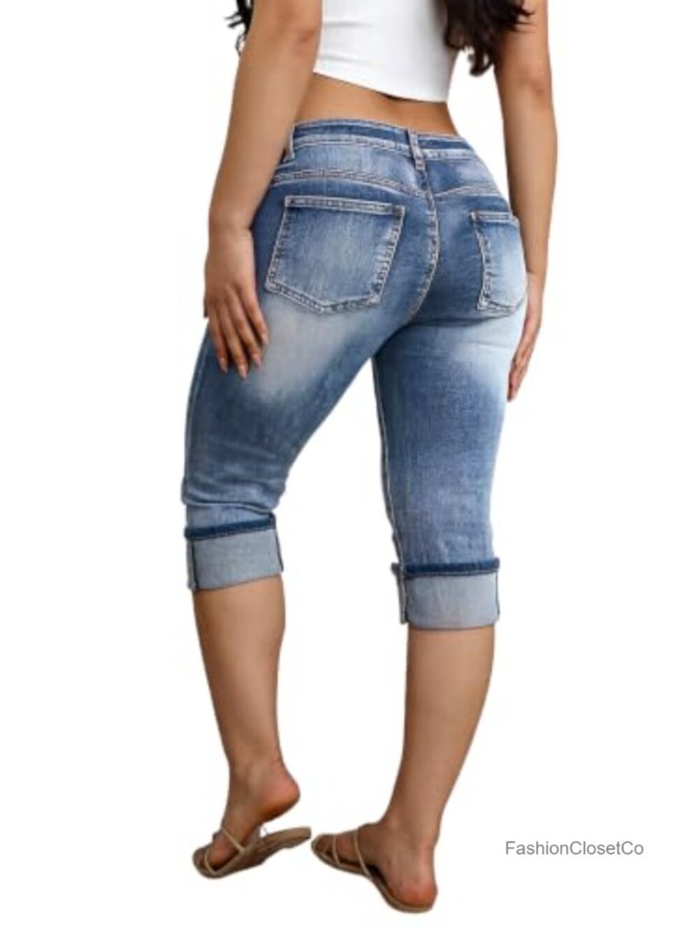 Mid Rise Capri Denim Jeans for Women Embroidered Raw Hem